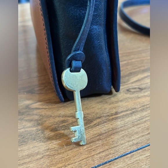 Fossil Leather Crossbody Bag | Two-Tone Brown & Black | Brass Key Charm - Picture 6 of 6